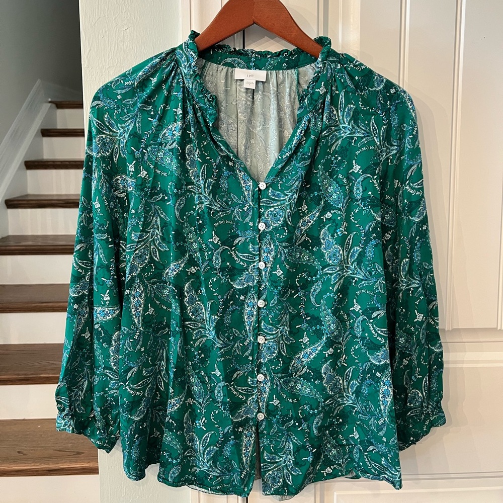 J. Jill Green Teal Paisley Button Front Boho Peasant Blouse Top Size Small